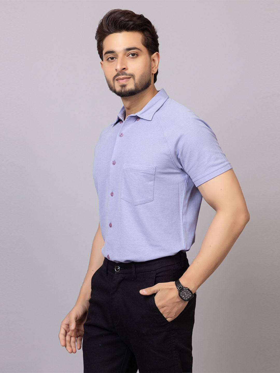Lazy Lavender half sleeve honeycomb knit shirt for men by HABEAS, view 2