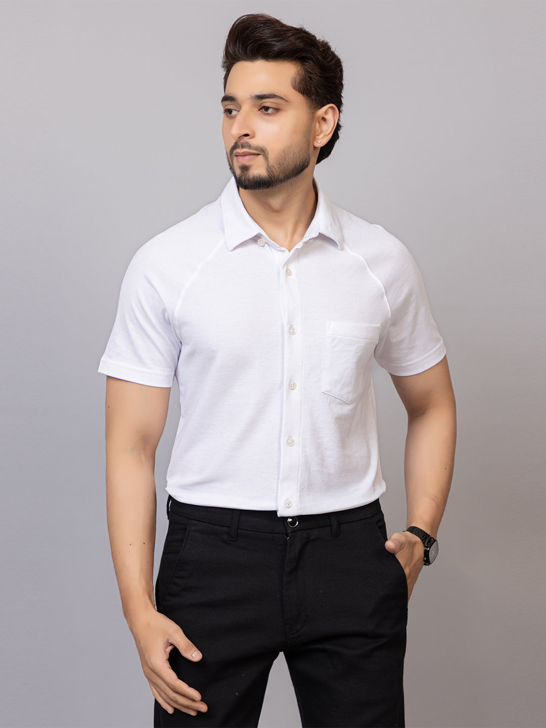 Crisp White half sleeve honeycomb knit shirt for men by HABEAS, view 1
