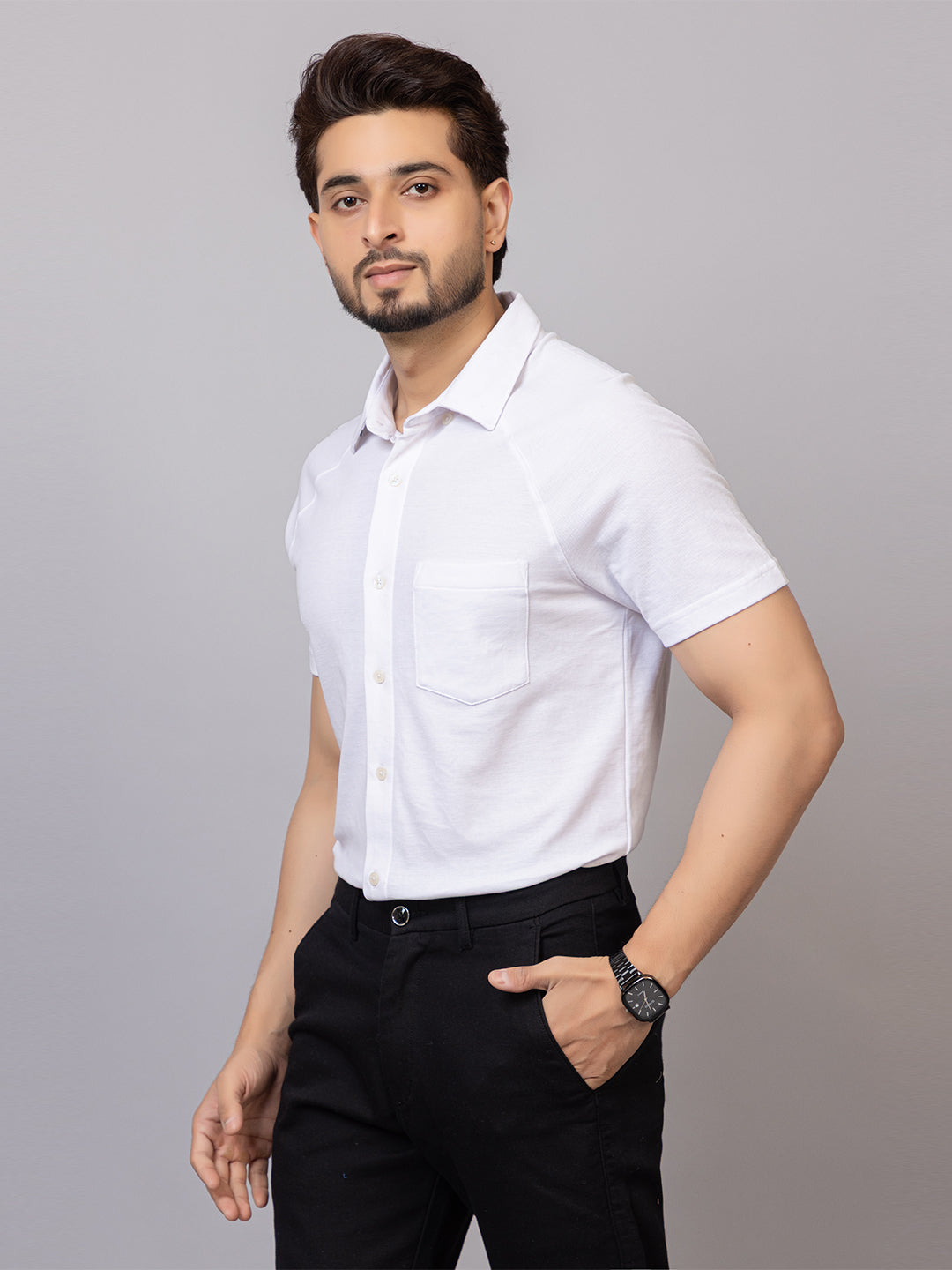 Crisp White half sleeve honeycomb knit shirt for men by HABEAS, view 2