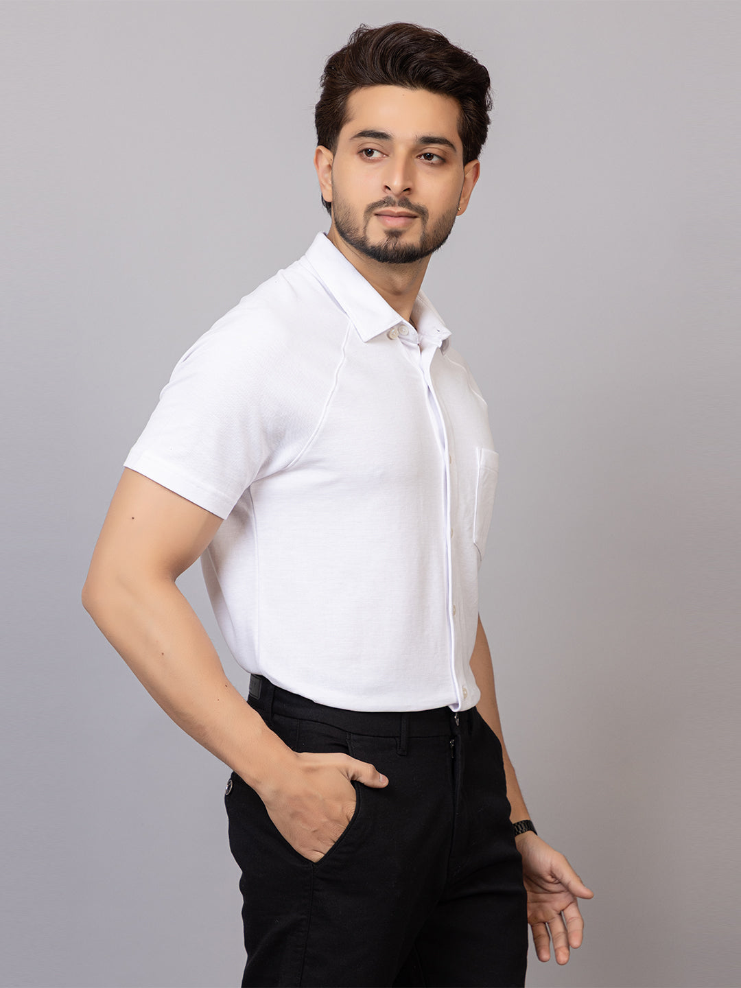 Crisp White half sleeve honeycomb knit shirt for men by HABEAS, view 3