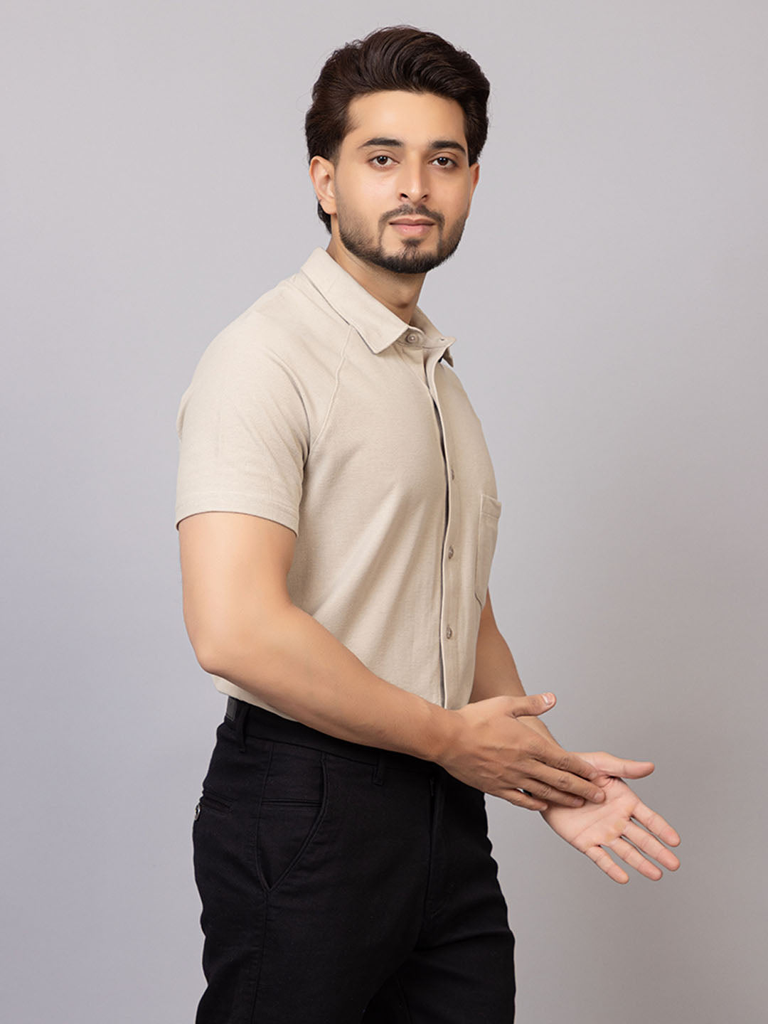 Oyster half sleeve honeycomb knit shirt for men by HABEAS, view 3