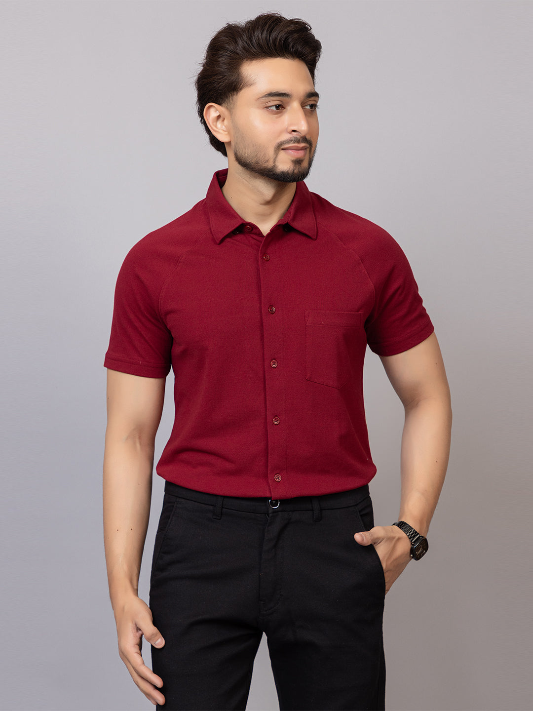 Magic Maroon half sleeve honeycomb knit shirt for men by HABEAS, view 1