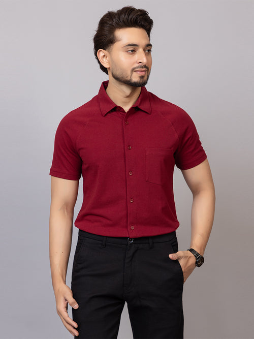 Magic Maroon half sleeve honeycomb knit shirt for men by HABEAS, view 1