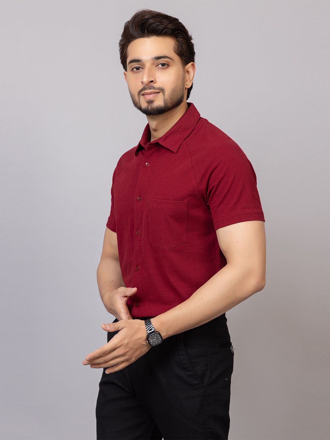 Magic Maroon half sleeve honeycomb knit shirt for men by HABEAS, view 2