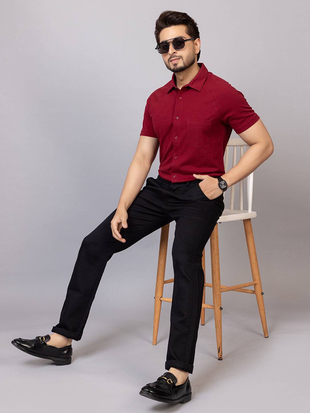 Magic Maroon half sleeve honeycomb knit shirt for men by HABEAS, view 5