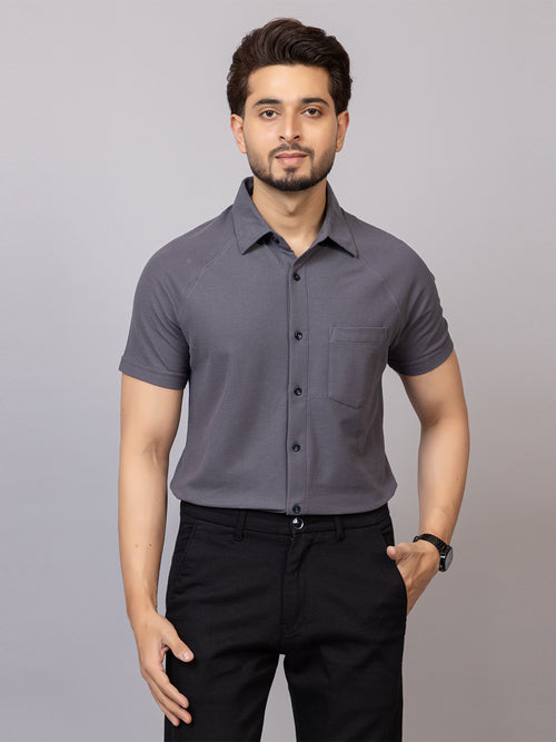 Charcoal Grey half sleeve honeycomb knit shirt for men by HABEAS, view 1
