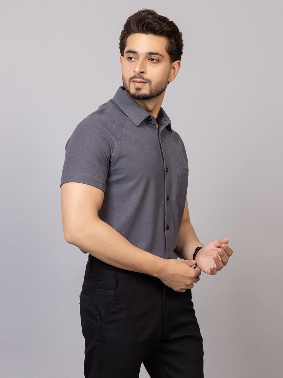 Charcoal Grey half sleeve honeycomb knit shirt for men by HABEAS, view 3