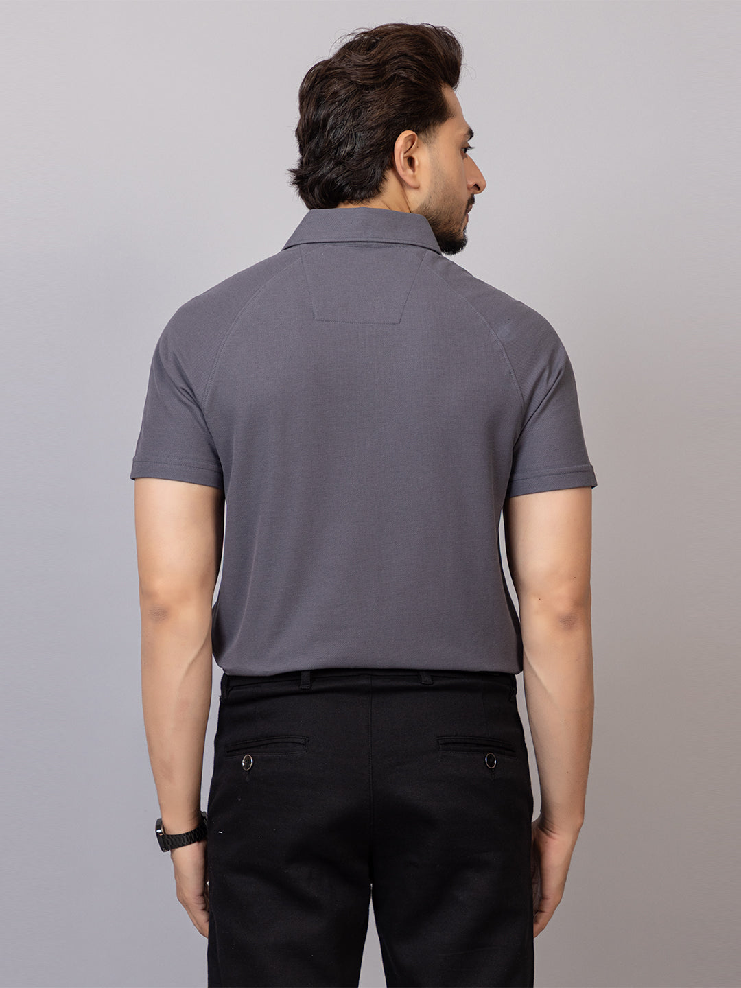 Charcoal Grey half sleeve honeycomb knit shirt for men by HABEAS, view 6