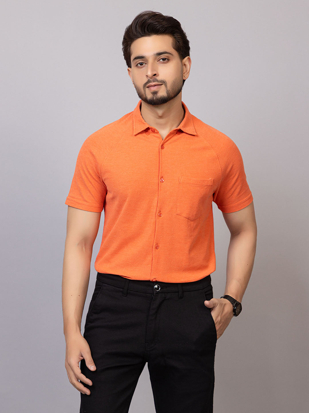 Tangerine half sleeve honeycomb knit shirt for men by HABEAS, view 1