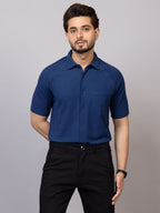 Denim Blue half sleeve honeycomb knit shirt for men by HABEAS, view 1