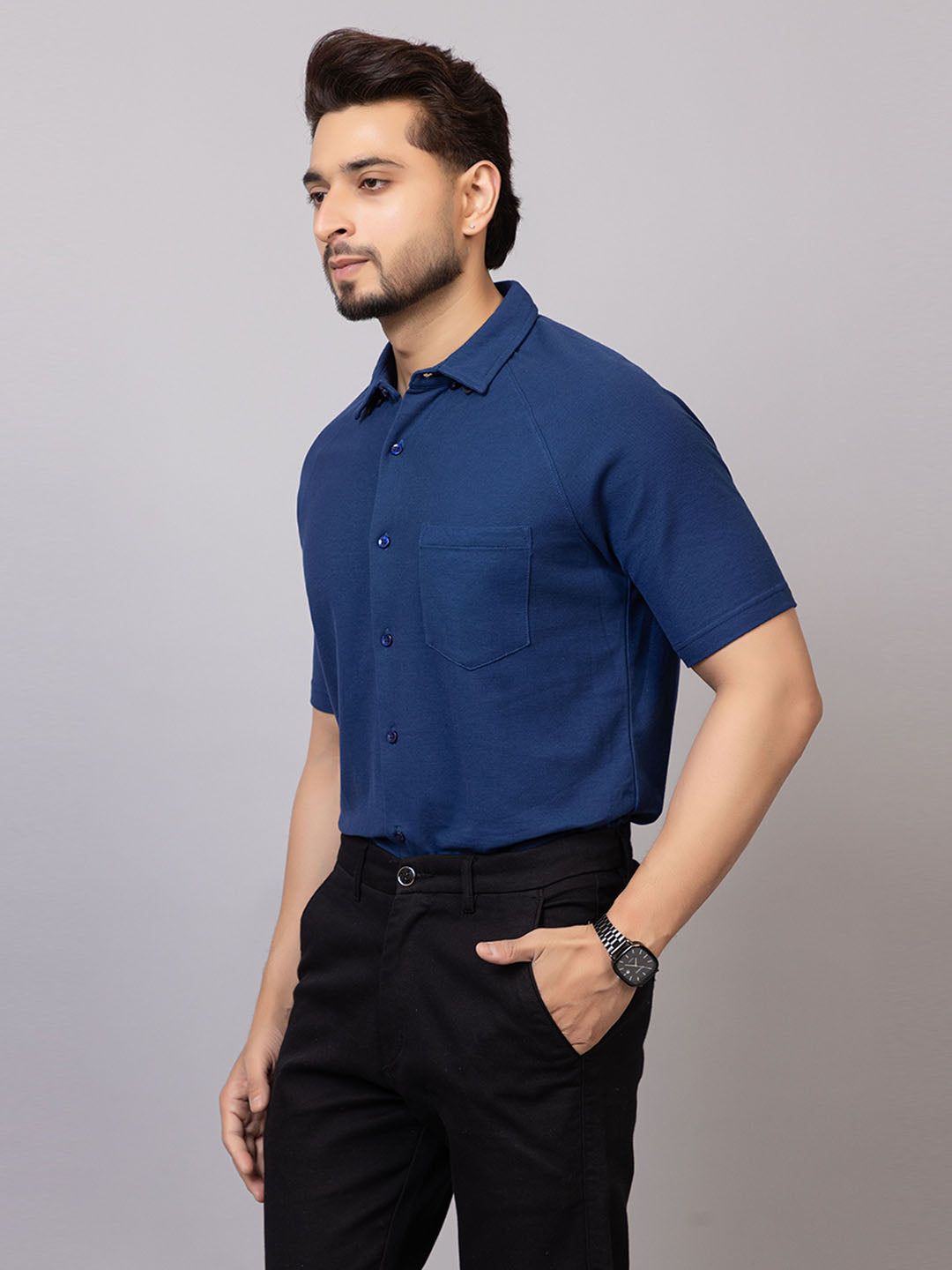 Denim Blue half sleeve honeycomb knit shirt for men by HABEAS, view 2