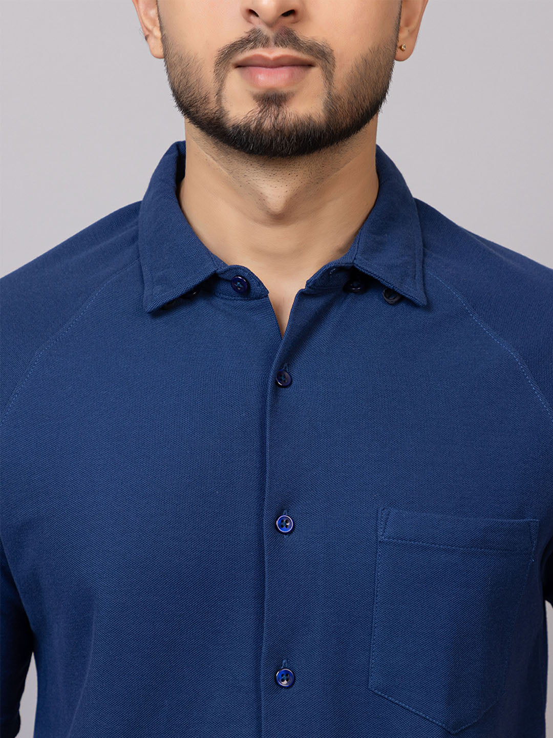 Denim Blue half sleeve honeycomb knit shirt for men by HABEAS, view 4