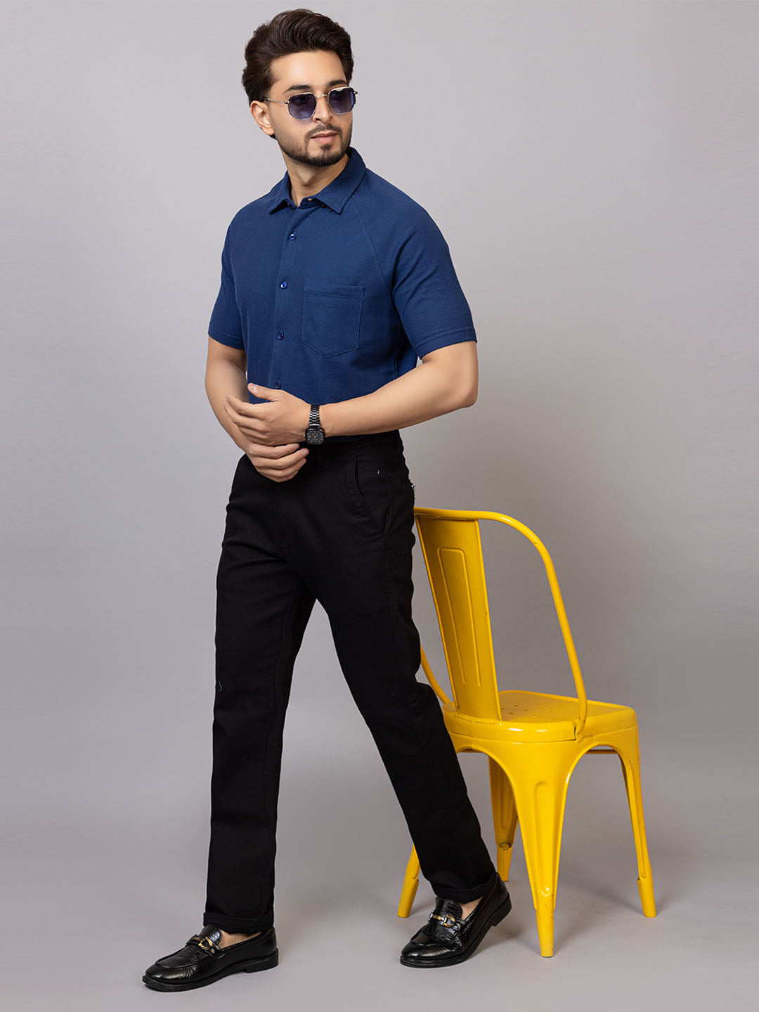 Denim Blue half sleeve honeycomb knit shirt for men by HABEAS, view 5