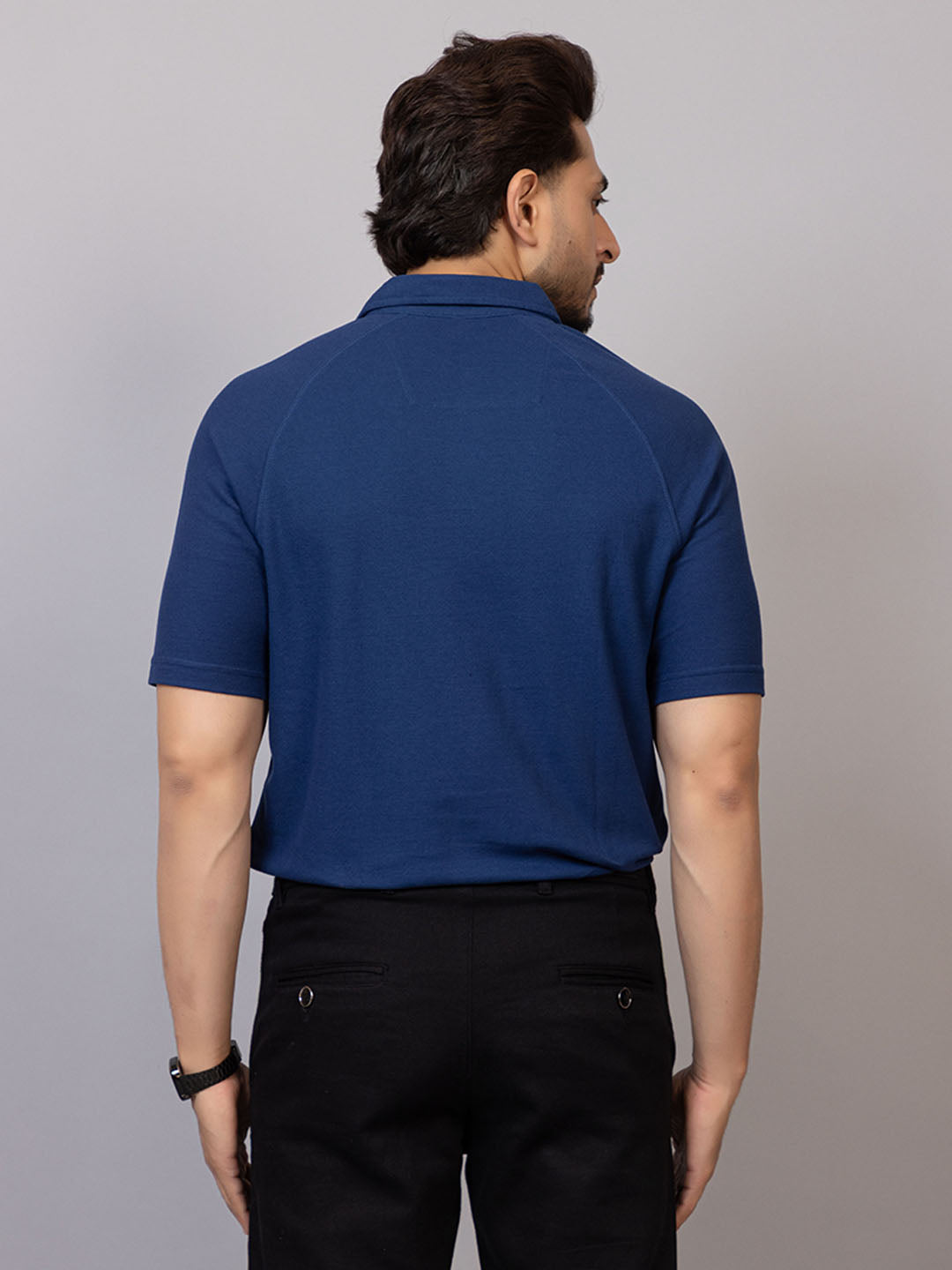Denim Blue half sleeve honeycomb knit shirt for men by HABEAS, view 6