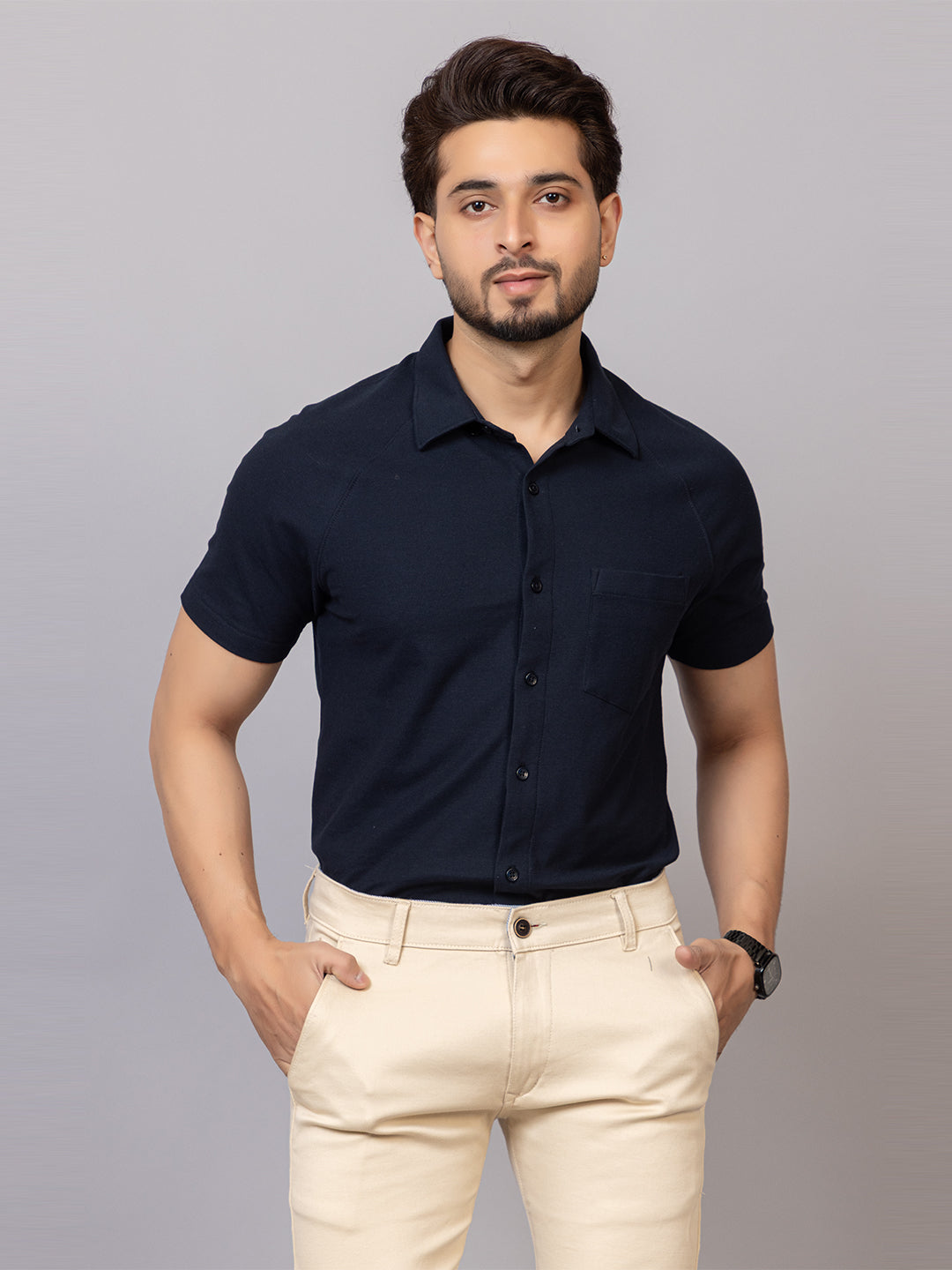 Classic Navy half sleeve honeycomb knit shirt for men by HABEAS, view 1