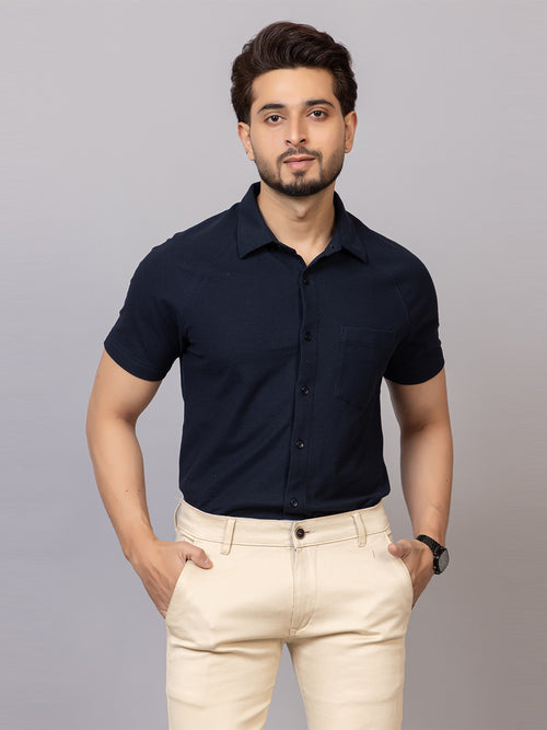 Classic Navy half sleeve honeycomb knit shirt for men by HABEAS, view 1