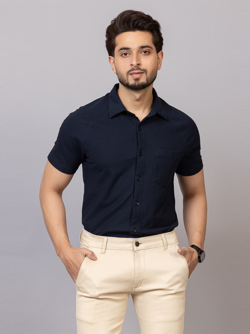 Classic Navy half sleeve honeycomb knit shirt for men by HABEAS, view 1