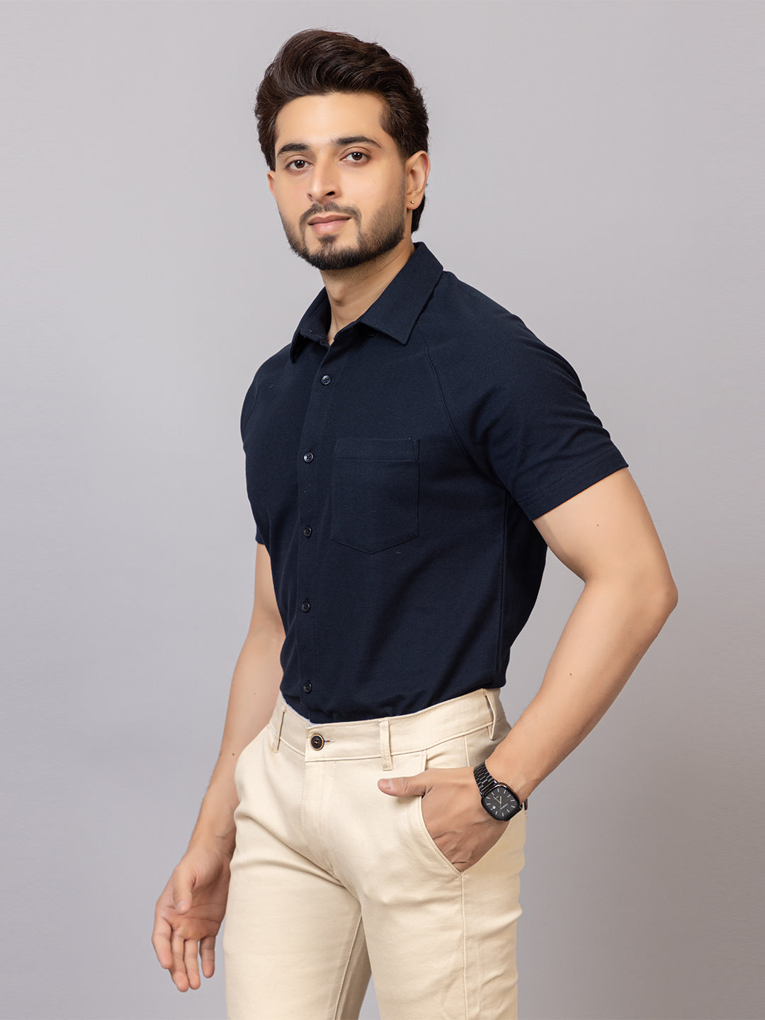 Classic Navy half sleeve honeycomb knit shirt for men by HABEAS, view 2