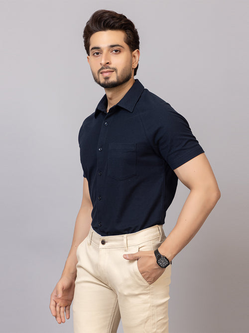 Classic Navy half sleeve honeycomb knit shirt for men by HABEAS, view 2