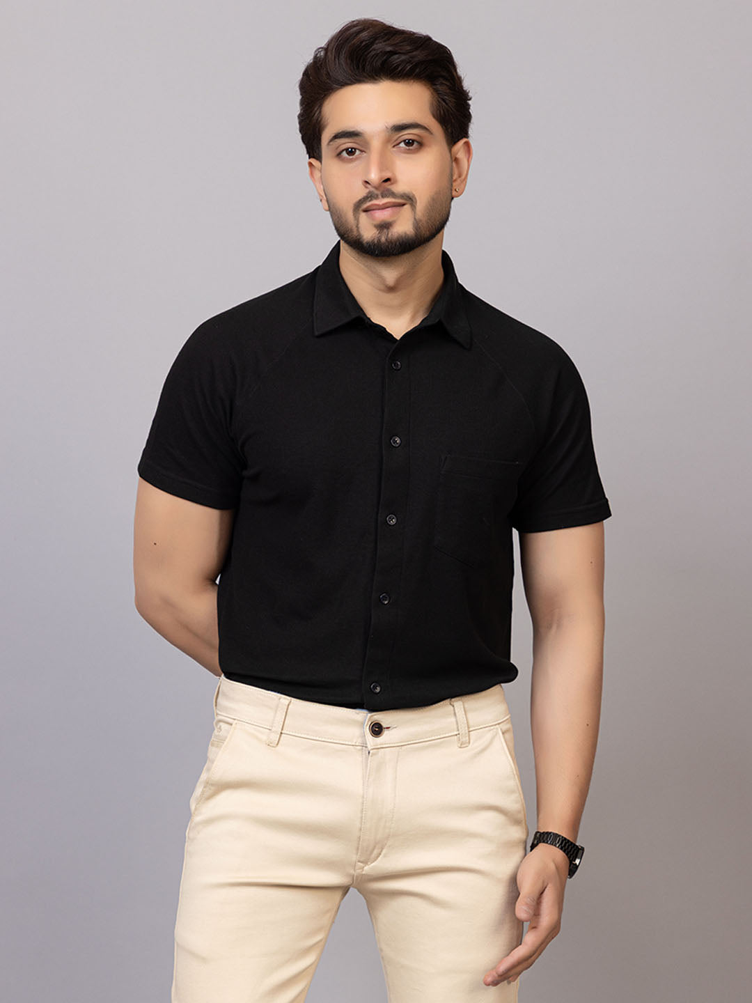 Elegant Black half sleeve honeycomb knit shirt for men by HABEAS, view 1