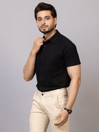 Elegant Black half sleeve honeycomb knit shirt for men by HABEAS, view 2