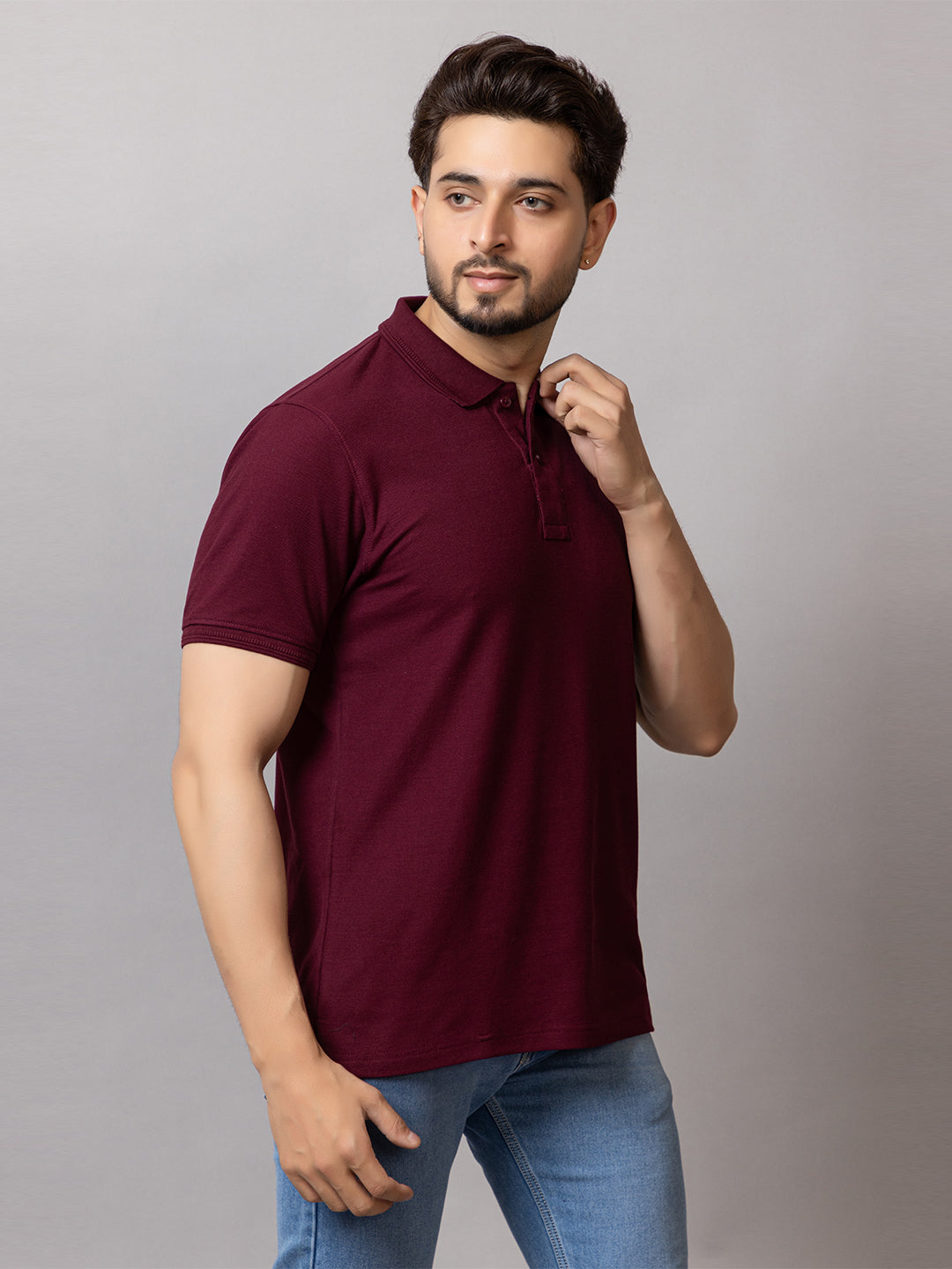 Burgundy Bliss honeycomb knit polo t-shirt for men by HABEAS, view 3