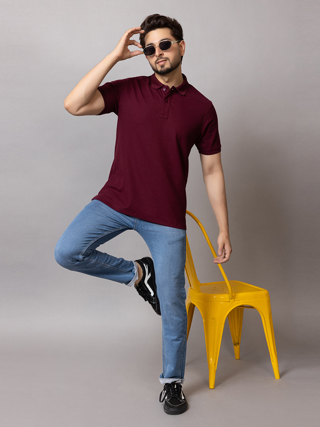 Burgundy Bliss honeycomb knit polo t-shirt for men by HABEAS, view 5