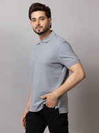 Stone Grey honeycomb knit polo t-shirt for men by HABEAS, view 2