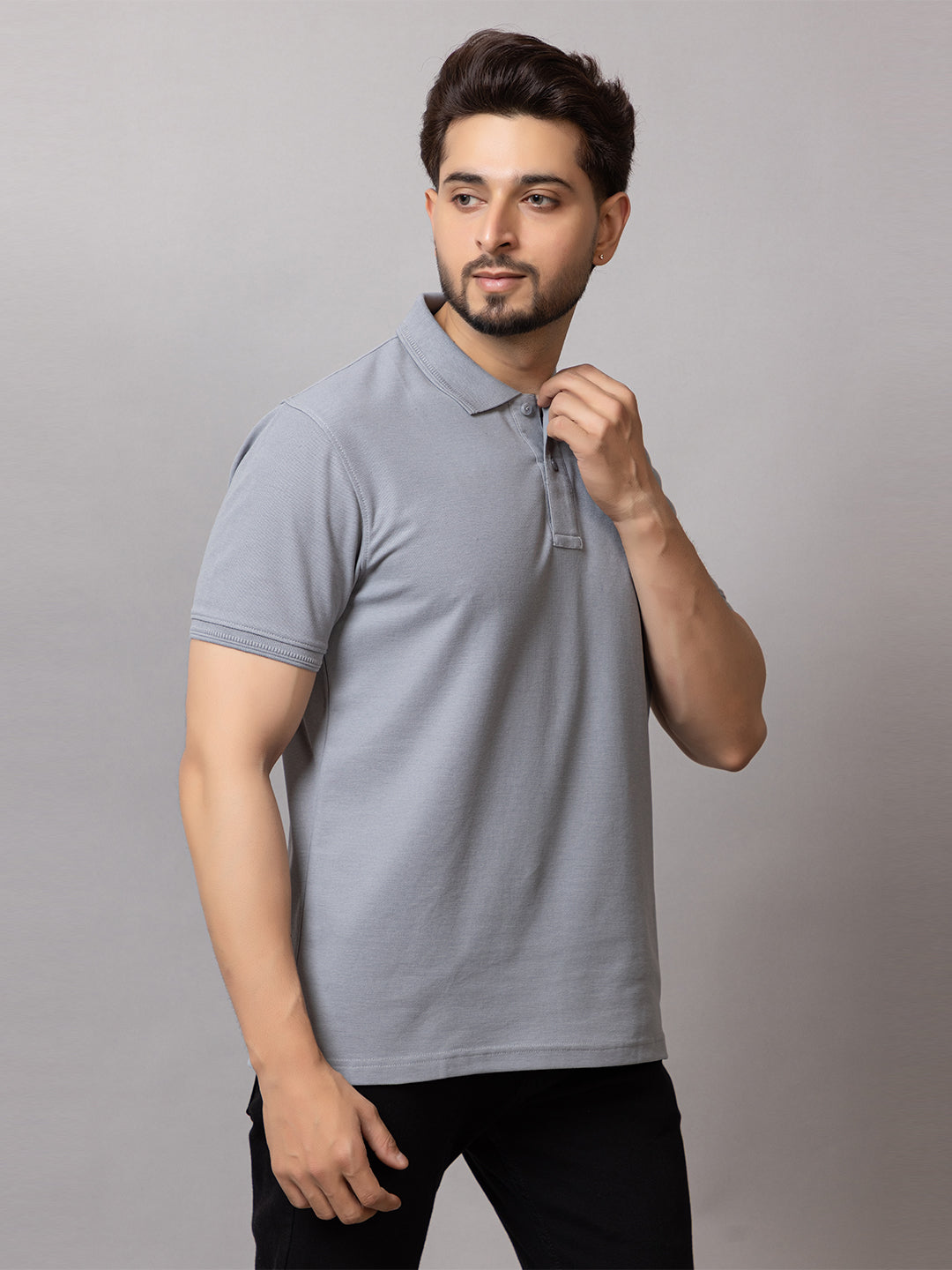 Stone Grey honeycomb knit polo t-shirt for men by HABEAS, view 3