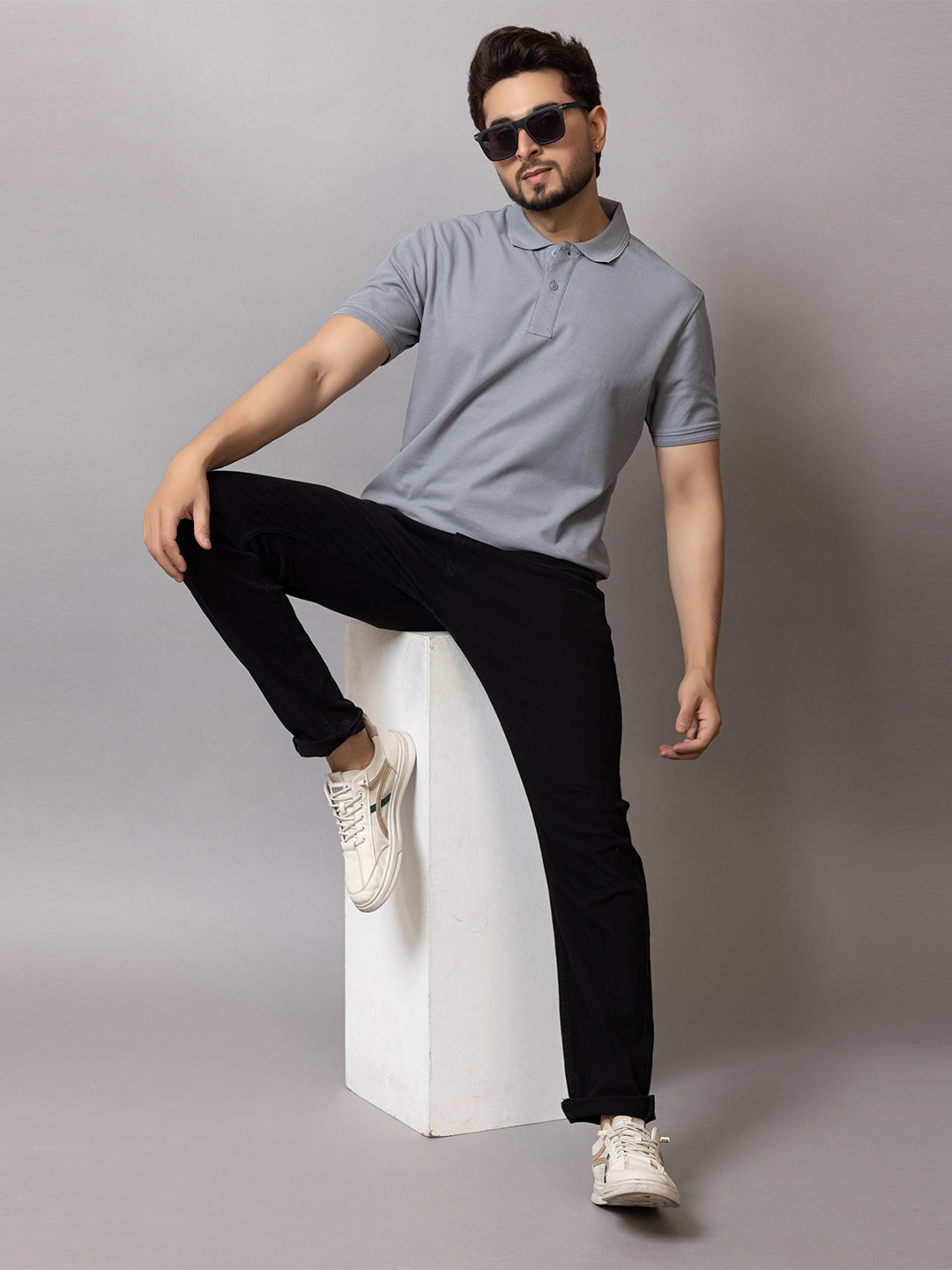Stone Grey honeycomb knit polo t-shirt for men by HABEAS, view 5