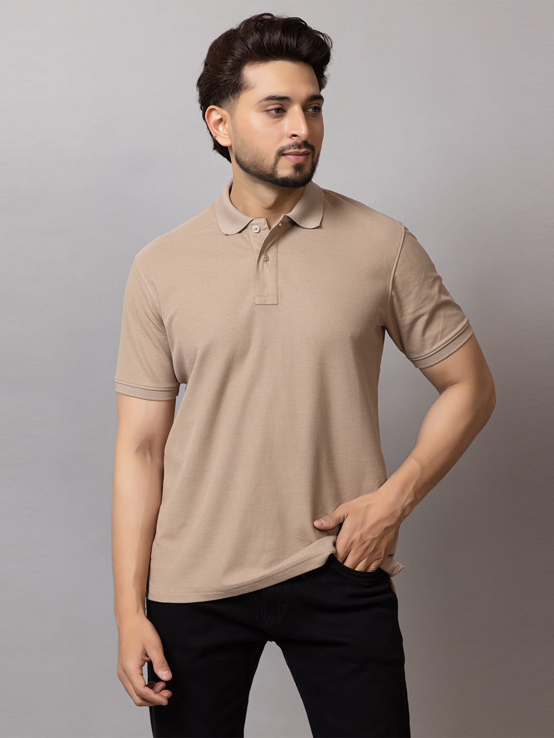 Witty Beige honeycomb knit polo t-shirt for men by HABEAS, view 1