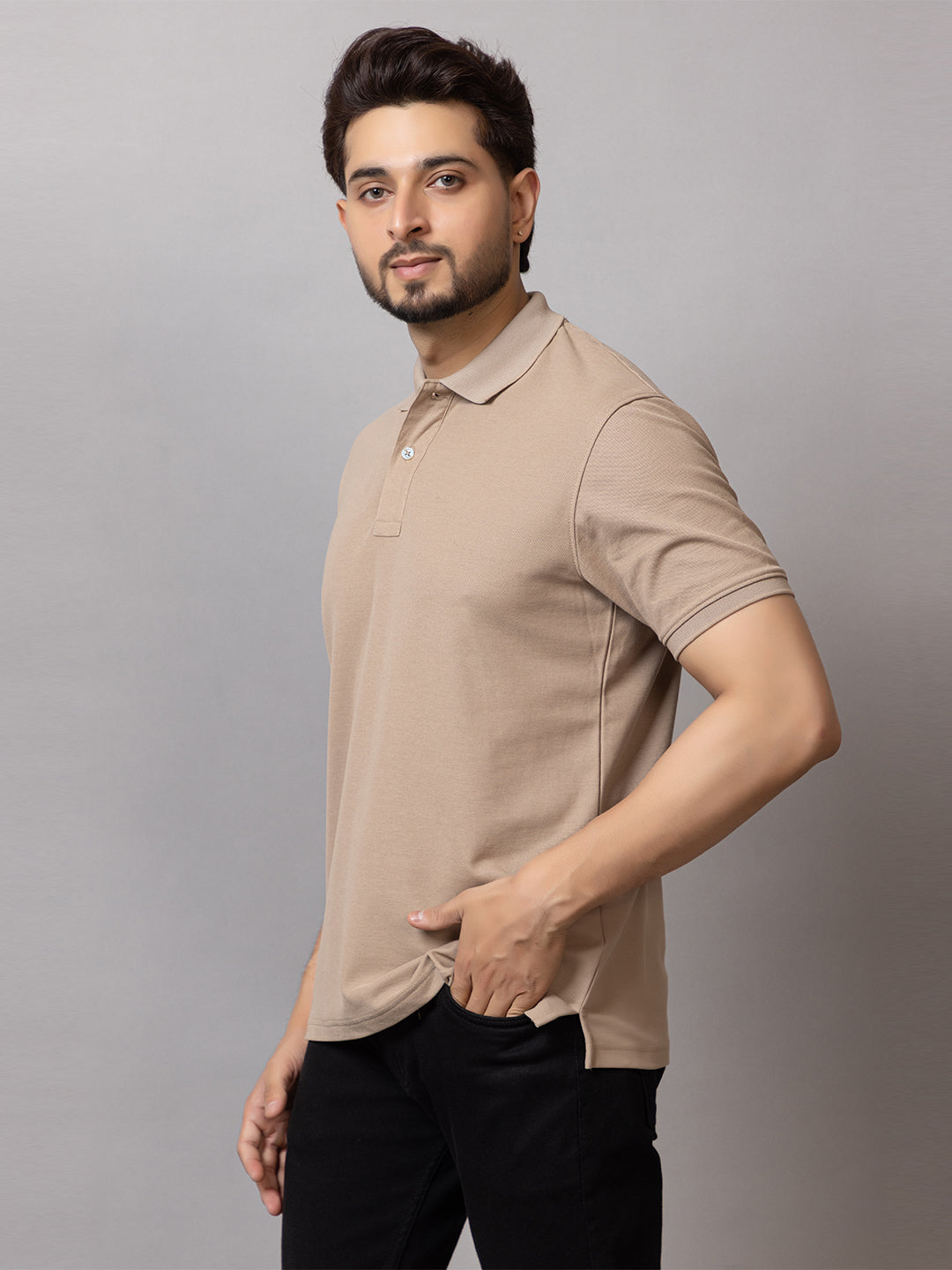 Witty Beige honeycomb knit polo t-shirt for men by HABEAS, view 3