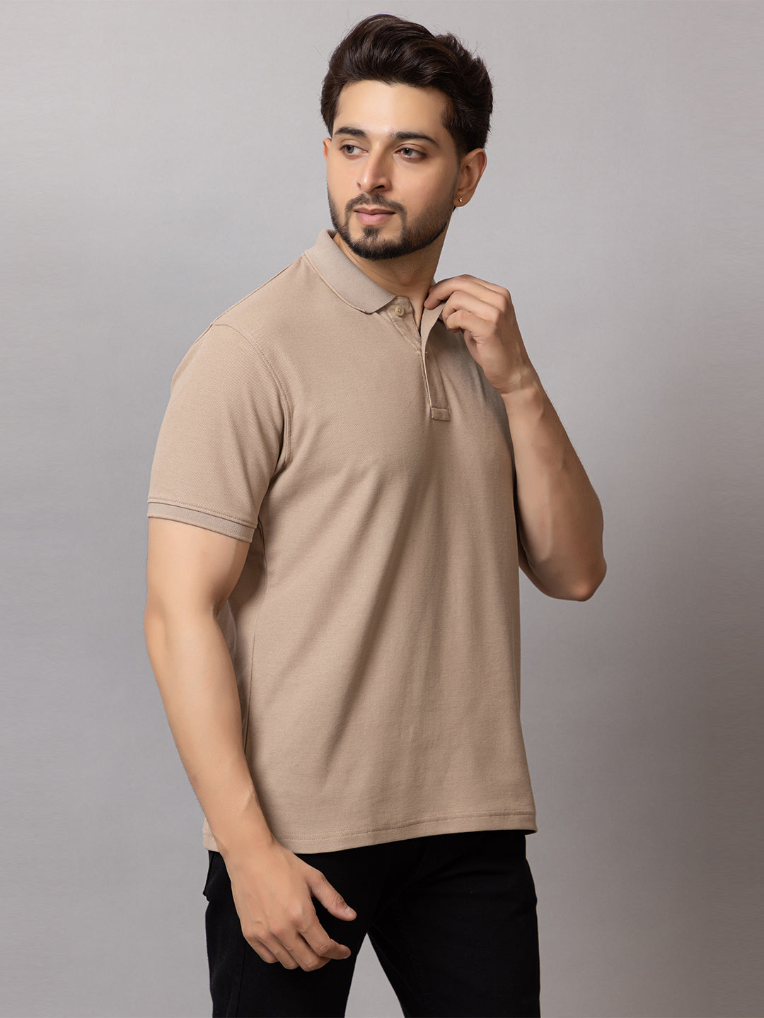 Witty Beige honeycomb knit polo t-shirt for men by HABEAS, view 2