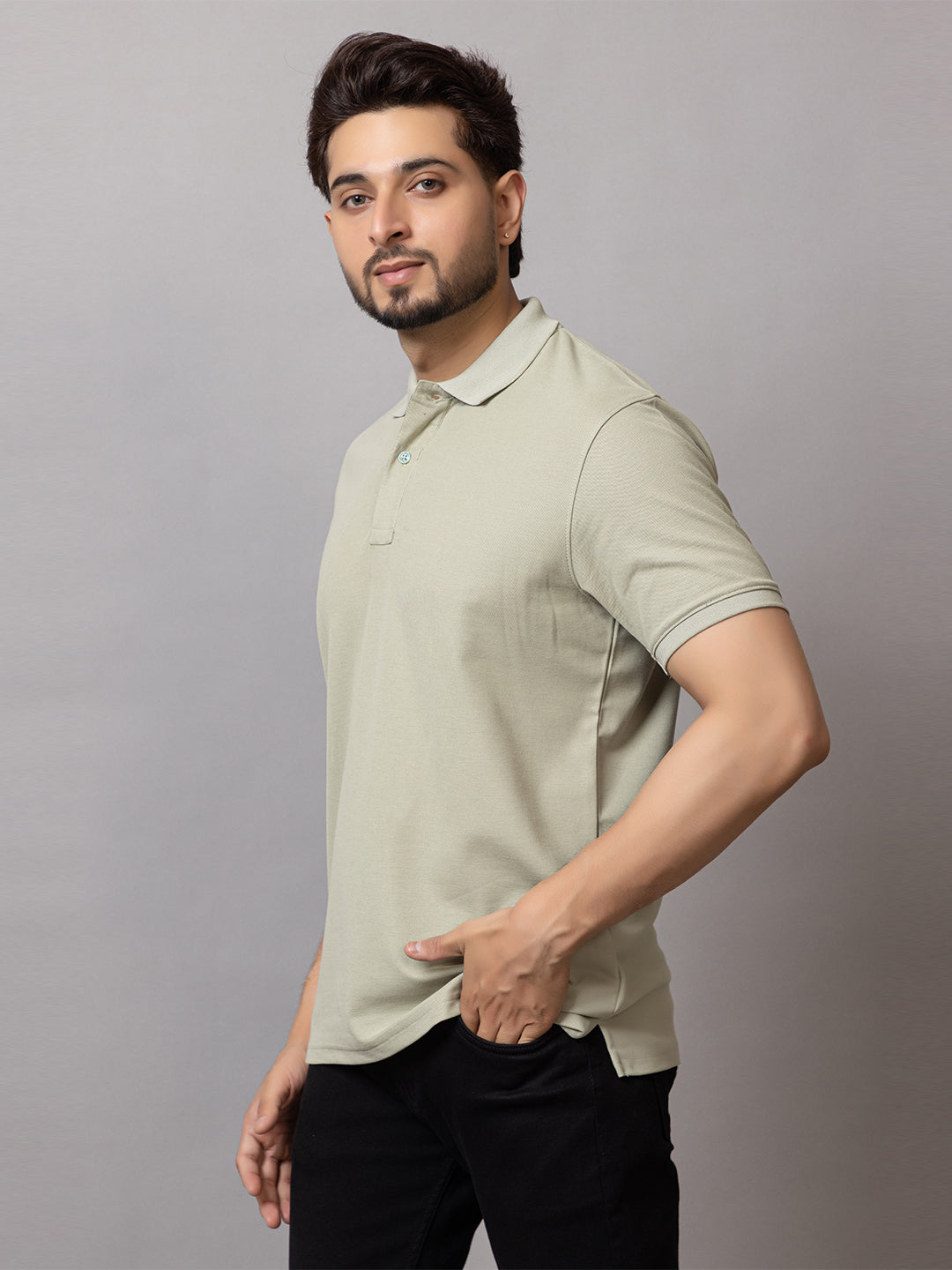 Pistachio Green honeycomb knit polo t-shirt for men by HABEAS, view 2