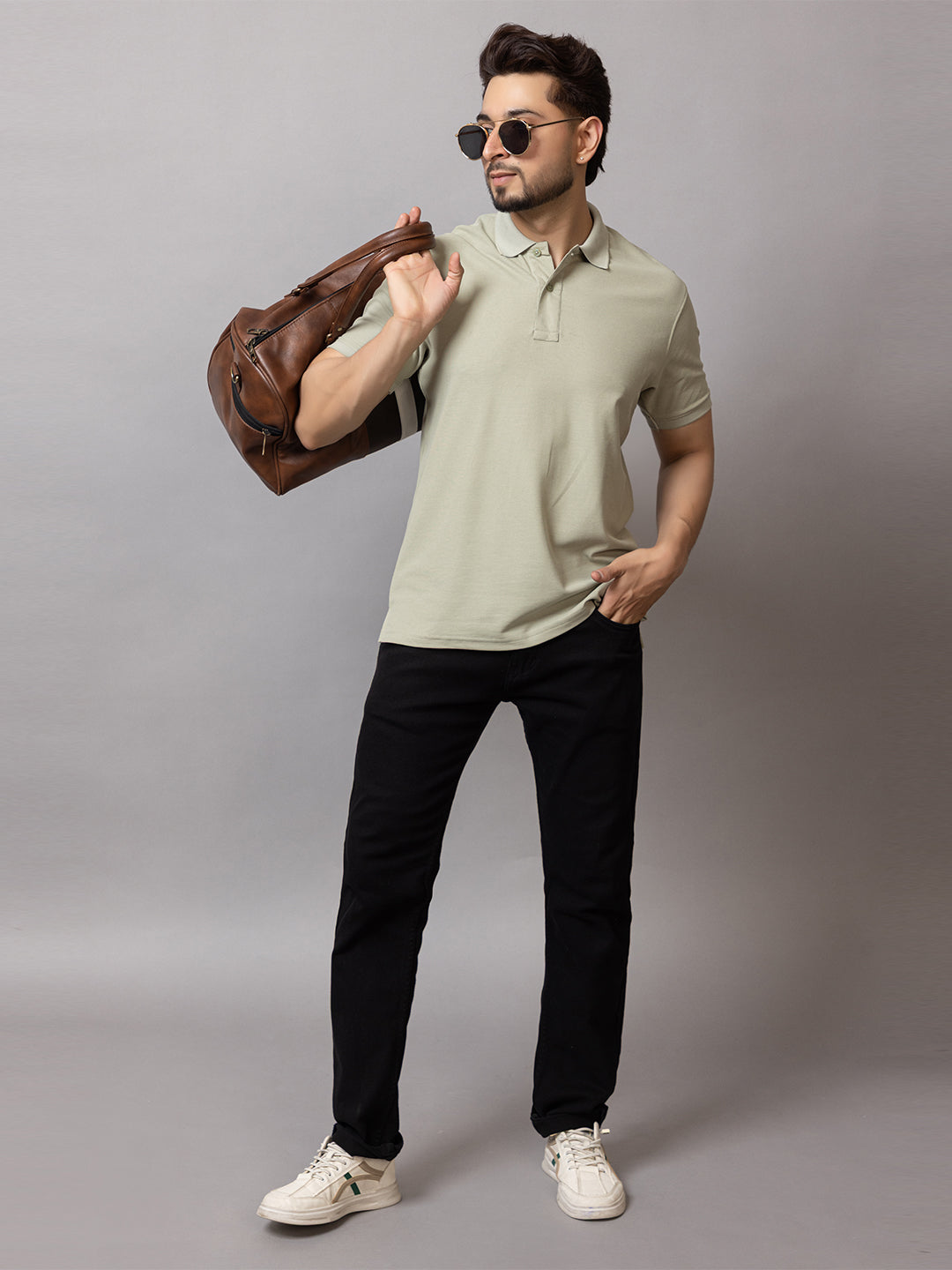Pistachio Green honeycomb knit polo t-shirt for men by HABEAS, view 5
