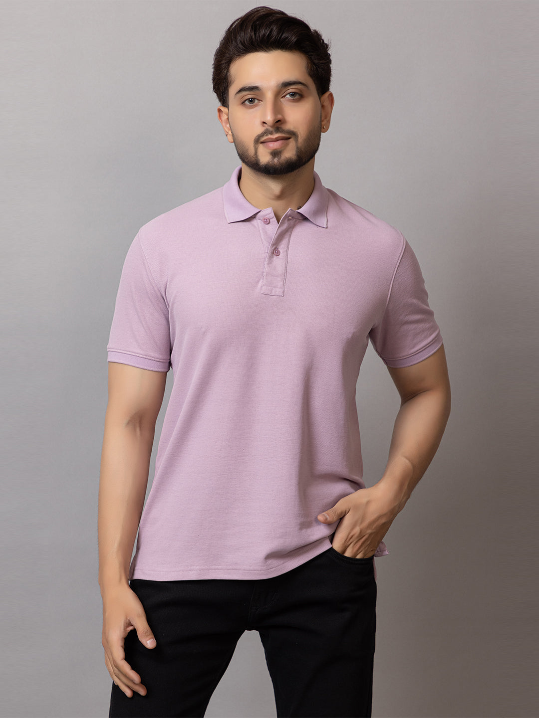 Mauve Mist honeycomb knit polo t-shirt for men by HABEAS, view 1