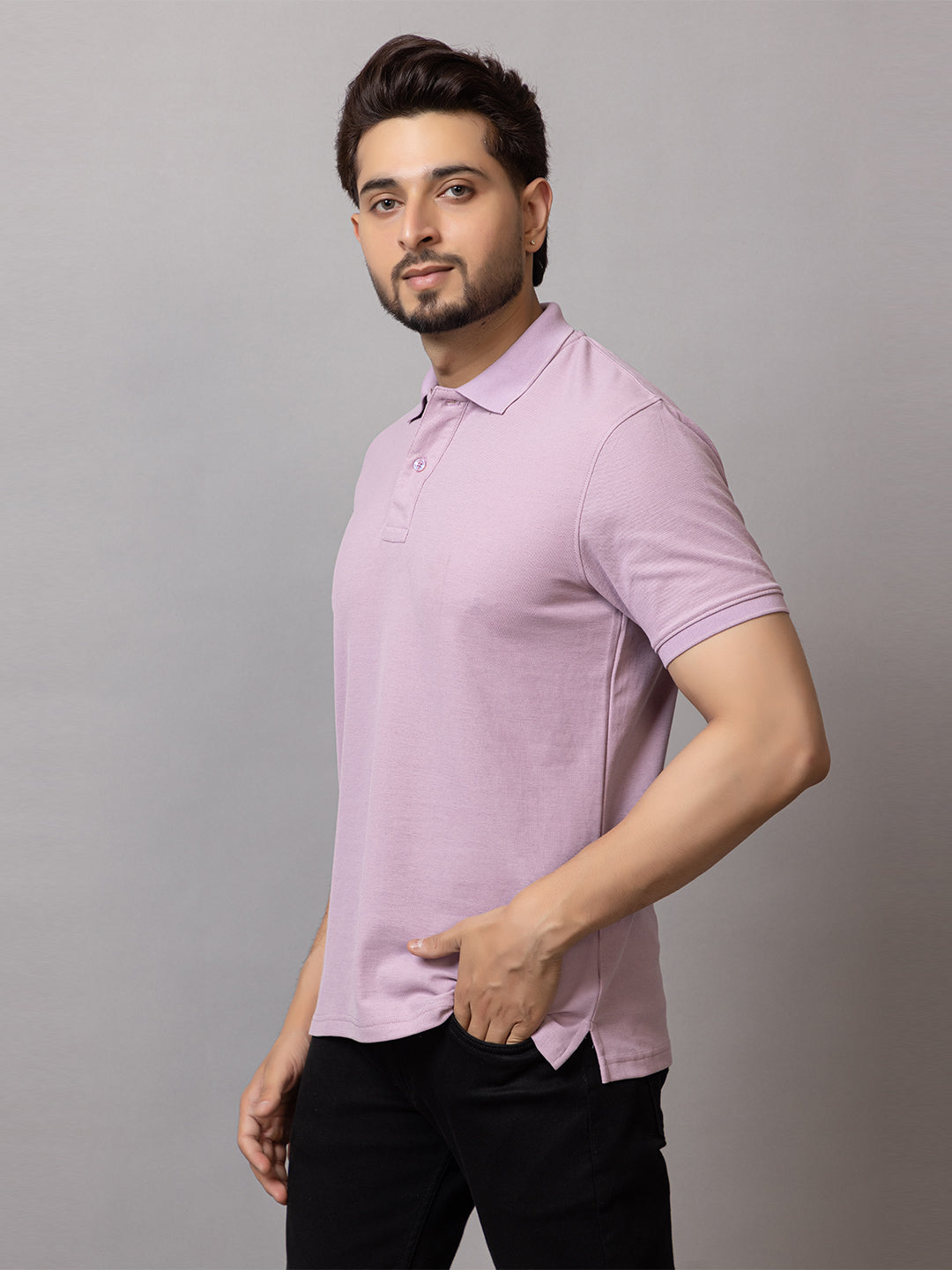 Mauve Mist honeycomb knit polo t-shirt for men by HABEAS, view 2