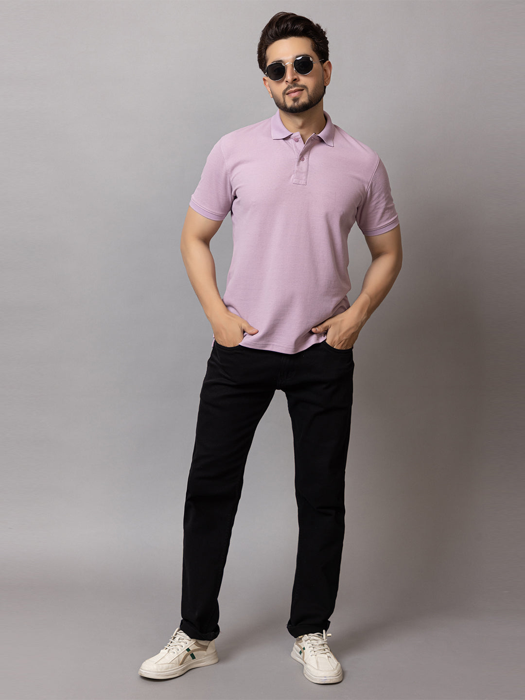 Mauve Mist honeycomb knit polo t-shirt for men by HABEAS, view 5