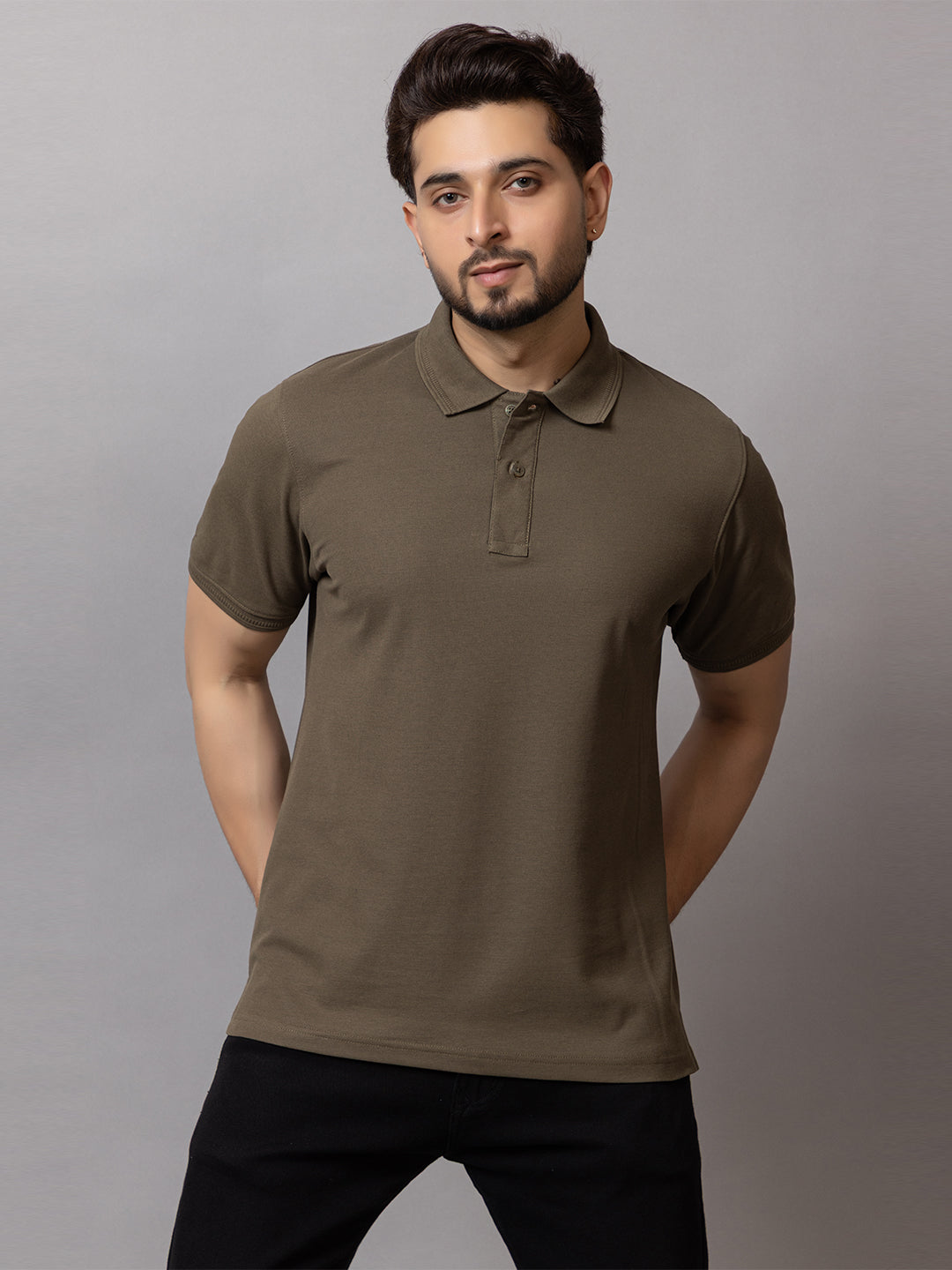 Forest Olive honeycomb knit polo t-shirt for men by HABEAS, view 2