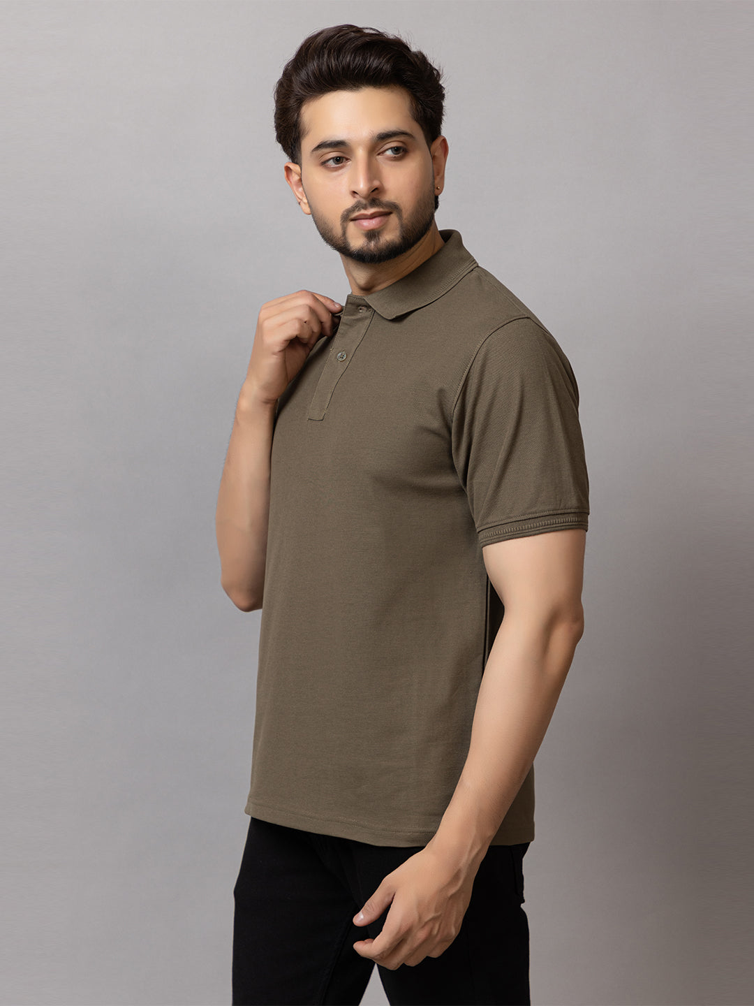 Forest Olive honeycomb knit polo t-shirt for men by HABEAS, view 3