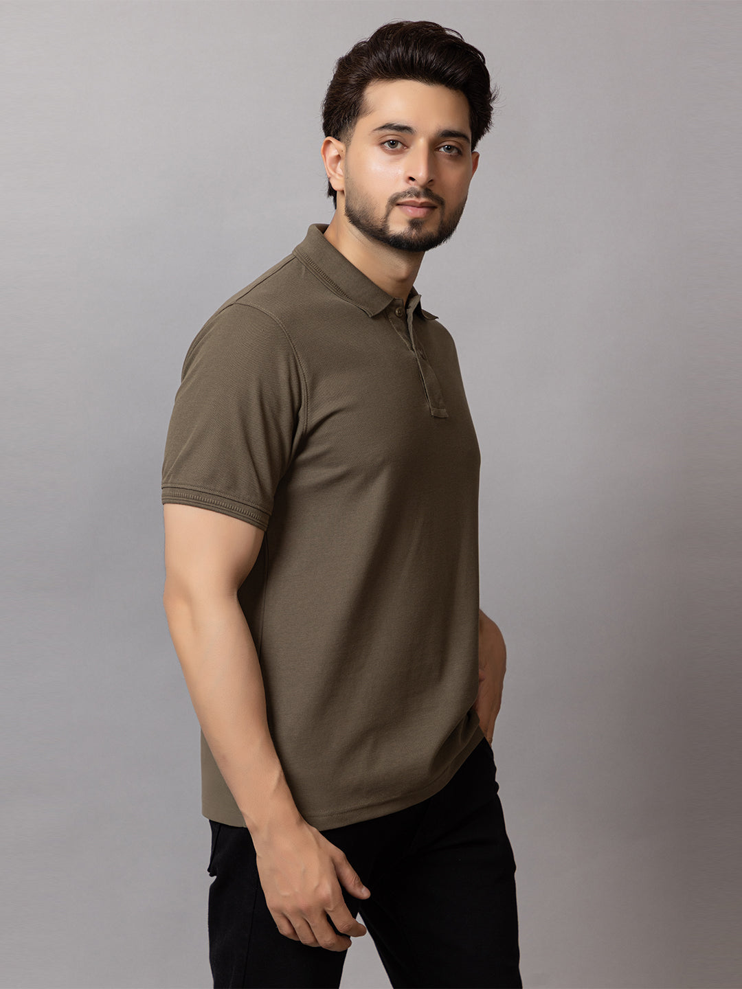Forest Olive honeycomb knit polo t-shirt for men by HABEAS, view 1