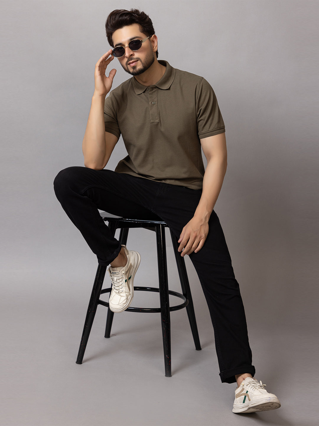 Forest Olive honeycomb knit polo t-shirt for men by HABEAS, view 5