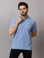 Misty Blue honeycomb knit polo t-shirt for men by HABEAS, view 1
