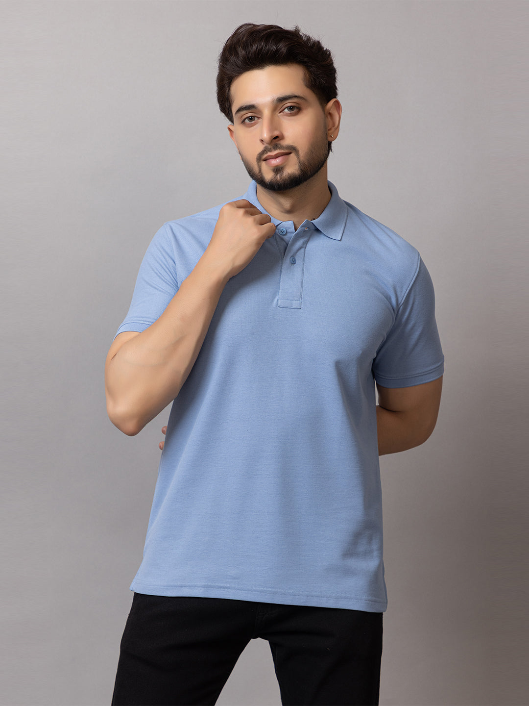 Misty Blue honeycomb knit polo t-shirt for men by HABEAS, view 1