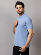 Misty Blue honeycomb knit polo t-shirt for men by HABEAS, view 2