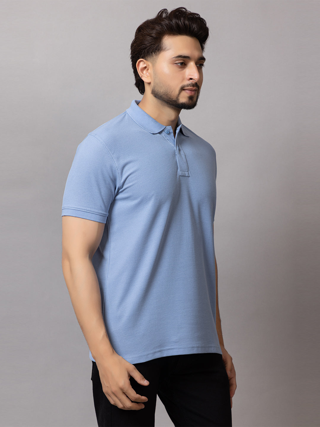 Misty Blue honeycomb knit polo t-shirt for men by HABEAS, view 3