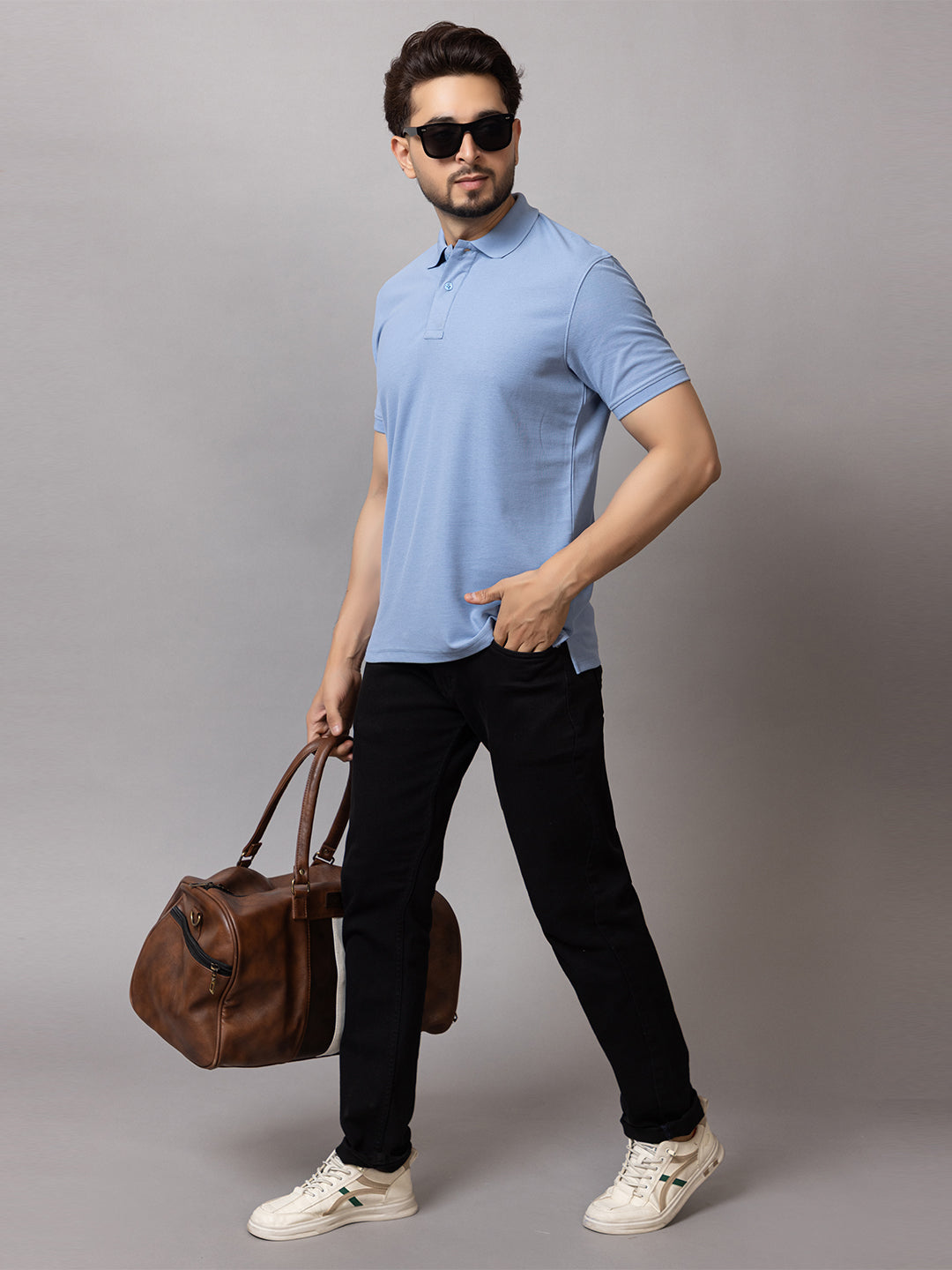 Misty Blue honeycomb knit polo t-shirt for men by HABEAS, view 5