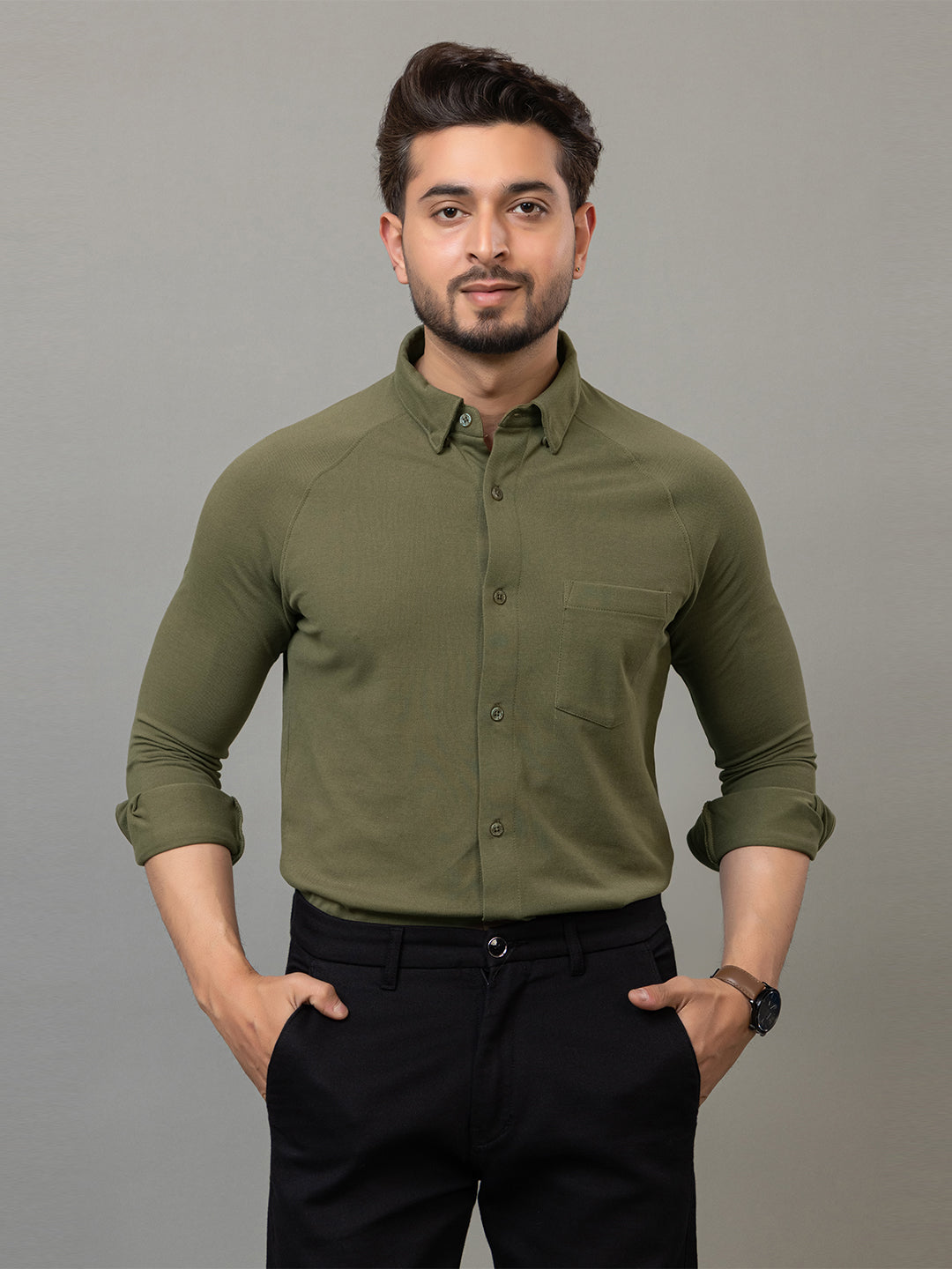 Olive Green full sleeve honeycomb knit shirt for men by HABEAS, view 1