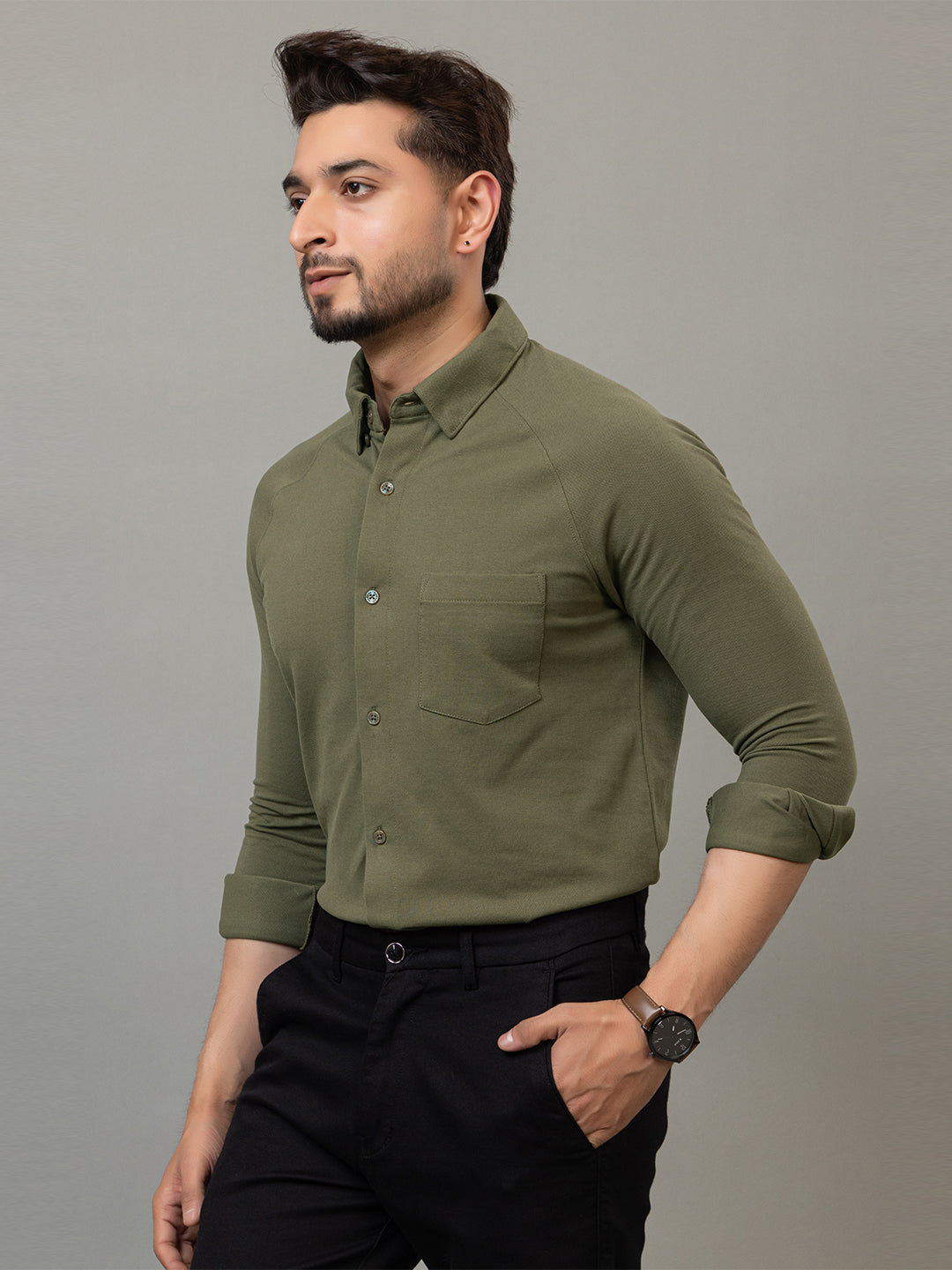 Olive Green full sleeve honeycomb knit shirt for men by HABEAS, view 2