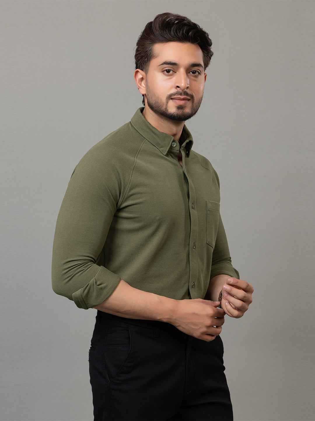 Olive Green full sleeve honeycomb knit shirt for men by HABEAS, view 3
